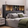 Queen size Bookcase Headboard in Black Wood Finish with LED Lights