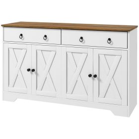 Sideboard Buffet with 2 Drawers, 4 Barn Doors and 2 Adjustable Shelves, Kitchen Buffet Cabinet for Living Room, White