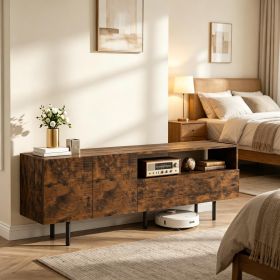 TV stand suitable for TVs below 70 feet, equipped with storage cabinets and protruding metal legs