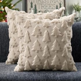 Christmas Tree Pillow Covers 18x18 inch Set of 2 Christmas Decoration Beige Soft Plush Faux Fur Jacquard Throw Pillows for Bedroom Sofa Holiday F