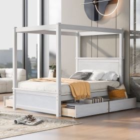 Wood Canopy Bed with four Drawers ,Full Size Canopy Platform Bed With Support Slats .No Box Spring Needed, Brushed White