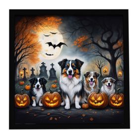 Australian Shepherd Spooky Halloween Framed Metal Print Bathroom, Kitchen, Office, Home Decor Wall Art Ready to Hang, Square, 8X8
