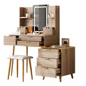 7-Drawer Vanity Desk With LED Mirror & Carved Details, Fluted Makeup Table With Metal Legs And PU Stool, Carved Dressing Table With Jewelry Stora (Option: defaulttitle)
