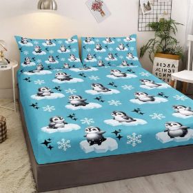Penguin Bedding Set for Kids Boys Girls Antarctic Animal Sheet Set Cartoon Style Penguin Illustration Fitted Sheet (size: King)
