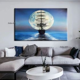 Handmade Sailboat Painting Seascape Original Art Boat Painting Nautical Artwork Full Moon Canvas Painting Night Sky Wall Art (size: 150X220cm)