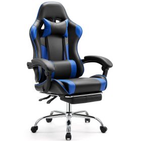 Video Game Desk Chair - Ergonomic Computer with Footrest and Comfy Lumbar Support, PU Leather Recliner with Headrest, Fixed Up Armrest, (Color: black&Blue)