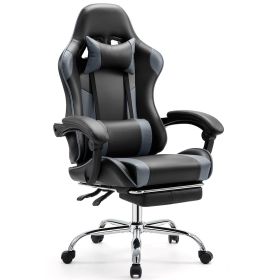 Video Game Desk Chair - Ergonomic Computer with Footrest and Comfy Lumbar Support, PU Leather Recliner with Headrest, Fixed Up Armrest, (Color: black&grey)