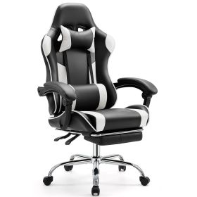 Video Game Desk Chair - Ergonomic Computer with Footrest and Comfy Lumbar Support, PU Leather Recliner with Headrest, Fixed Up Armrest, (Color: black&white)